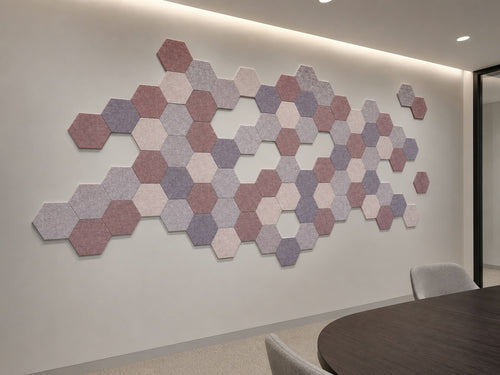 300 Series hexagon acoustic tiles in a honeycomb wall layout