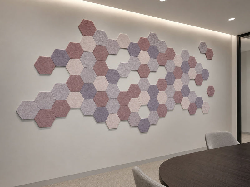 300 Series hexagon acoustic tiles in a honeycomb wall layout