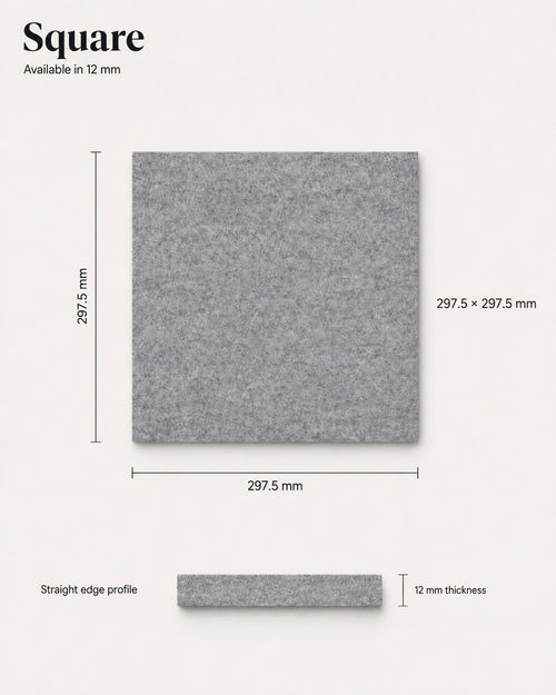 Square tile dimensions — 297.5 × 297.5mm, 12mm