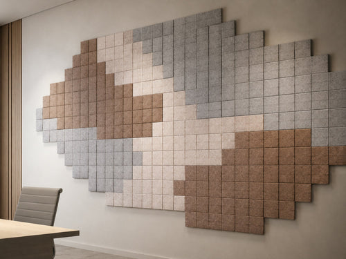 300 Series square acoustic tiles in an offset grid wall layout