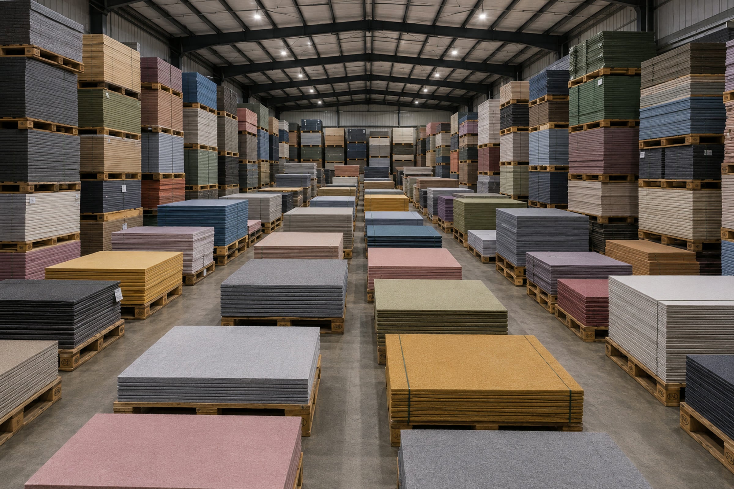 Pallets of acoustic PET felt panels in every colour, stacked in the Sounds Like Nothing London warehouse